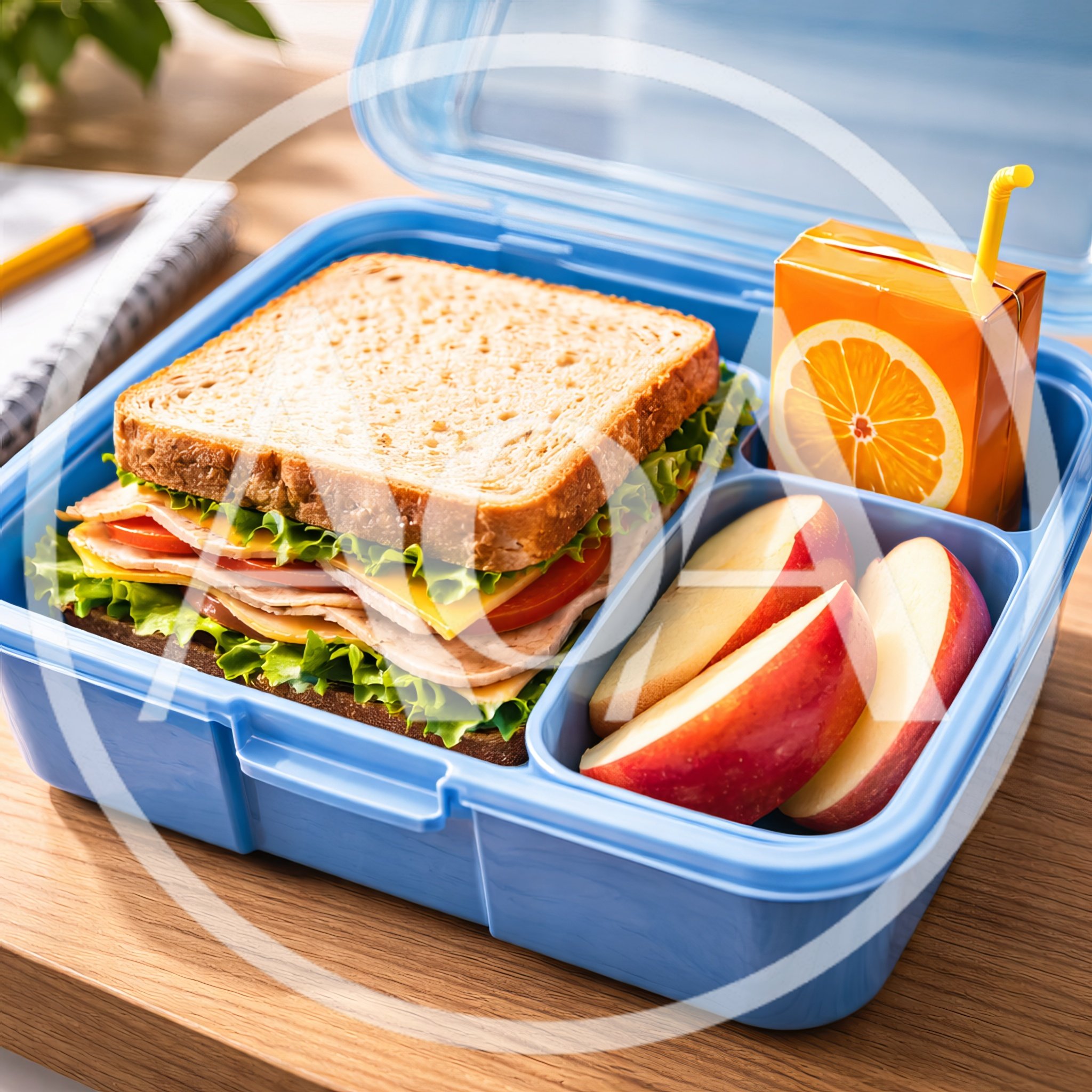 Blue Lunchbox With Sandwich And Apple Slices