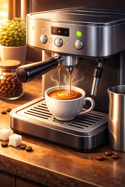 Espresso Machine Brewing Fresh Coffee Into A Cup