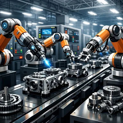 Automated Robotic Arms Welding Metal Components In Factory