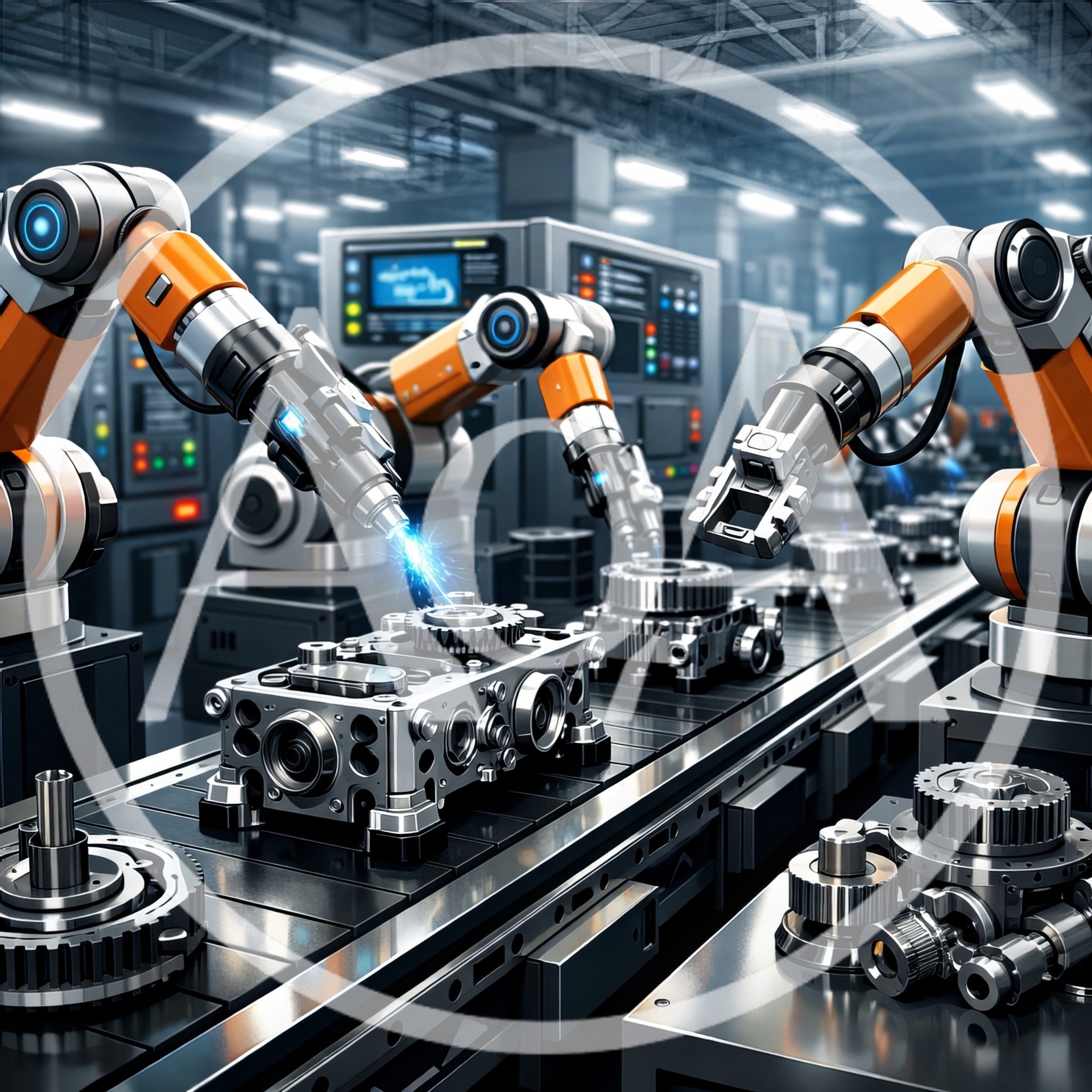 Automated Robotic Arms Welding Metal Components In Factory