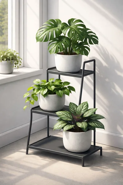 Potted Houseplants On A Modern Metal Tiered Plant Stand