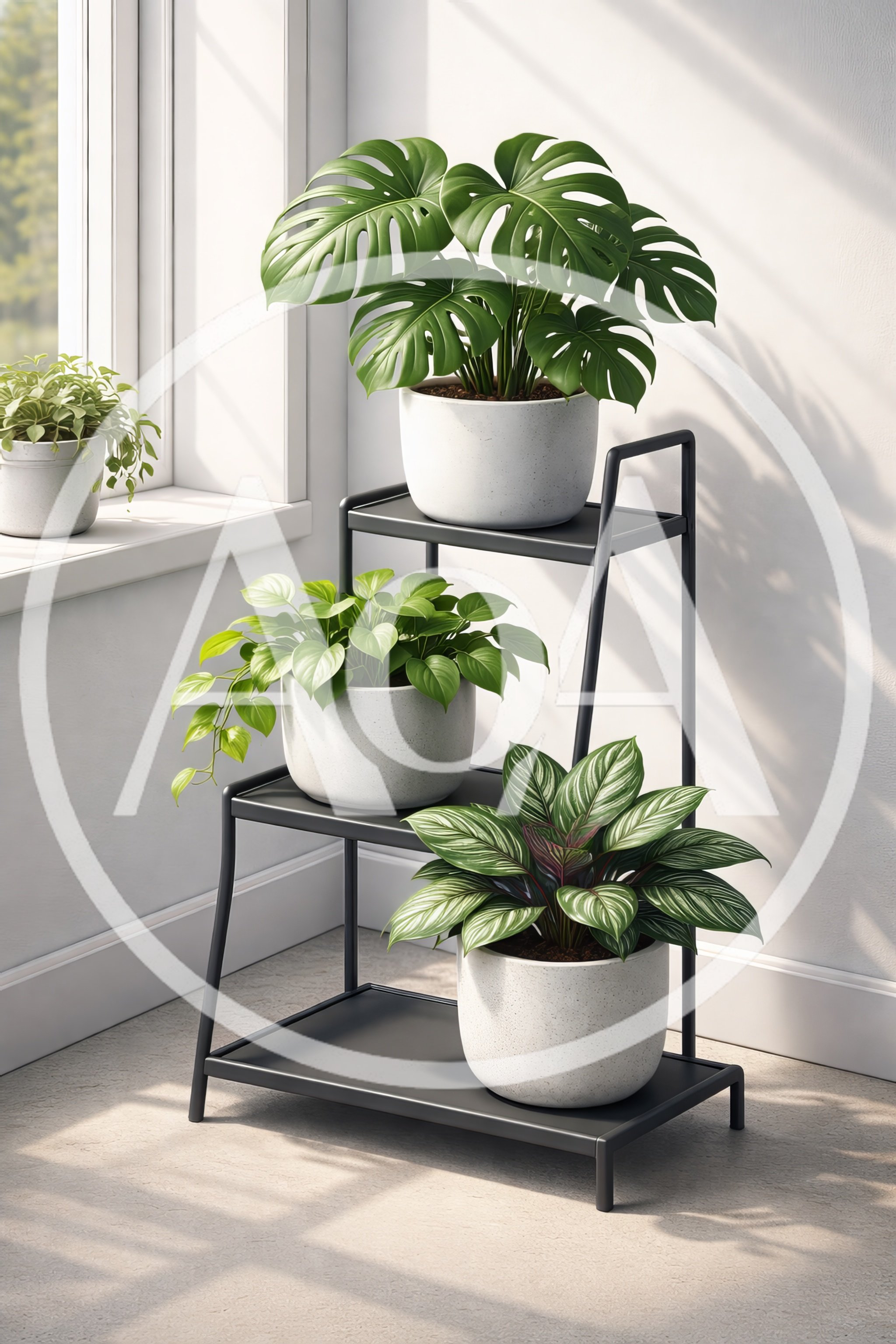 Potted Houseplants On A Modern Metal Tiered Plant Stand