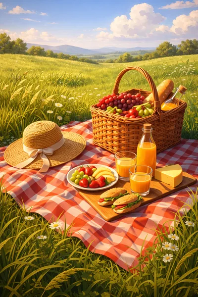 Picnic Basket With Food And Drinks On A Meadow