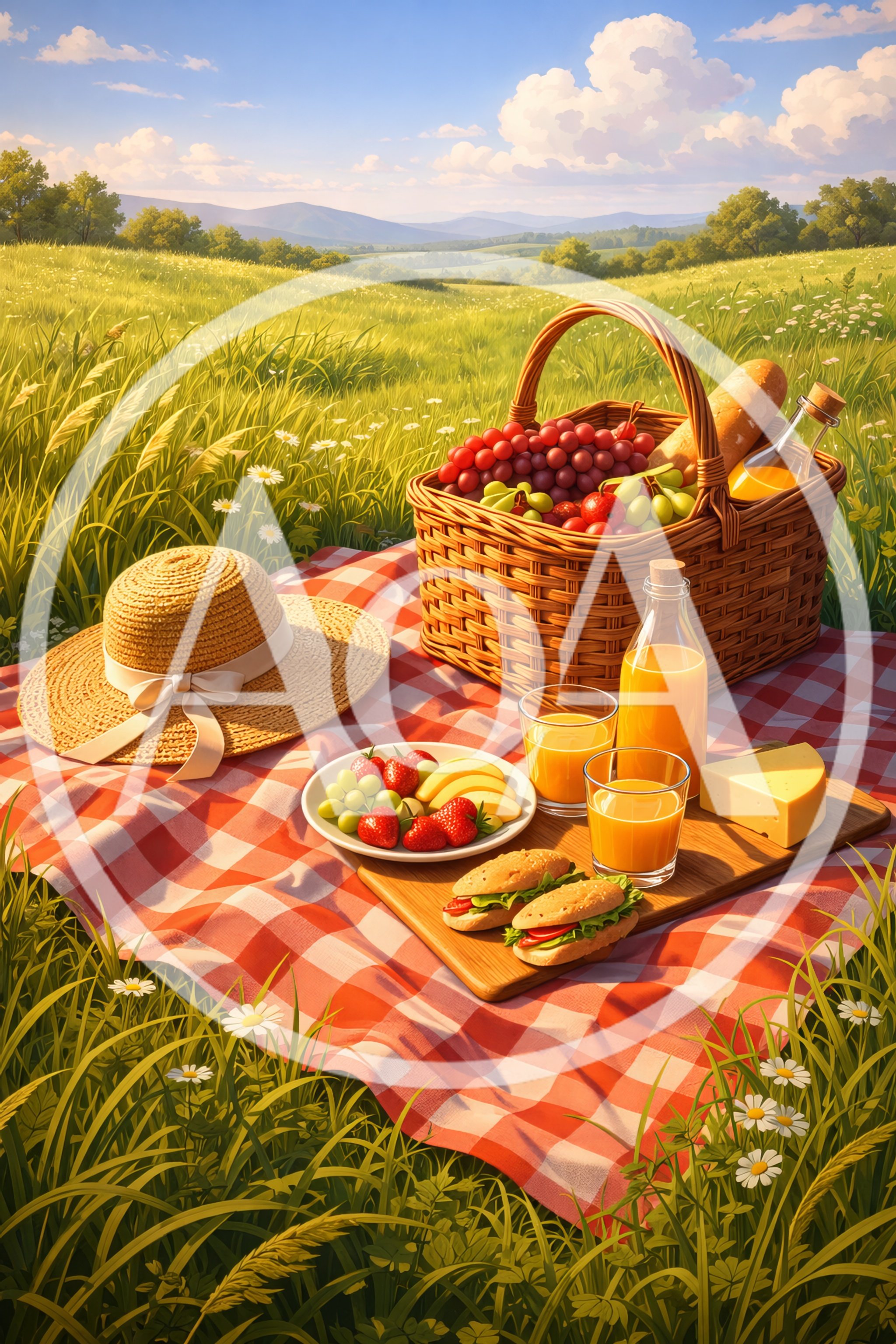 Picnic Basket With Food And Drinks On A Meadow