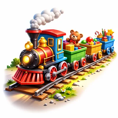 Cartoon Toy Train Carrying Gifts and Teddy Bear