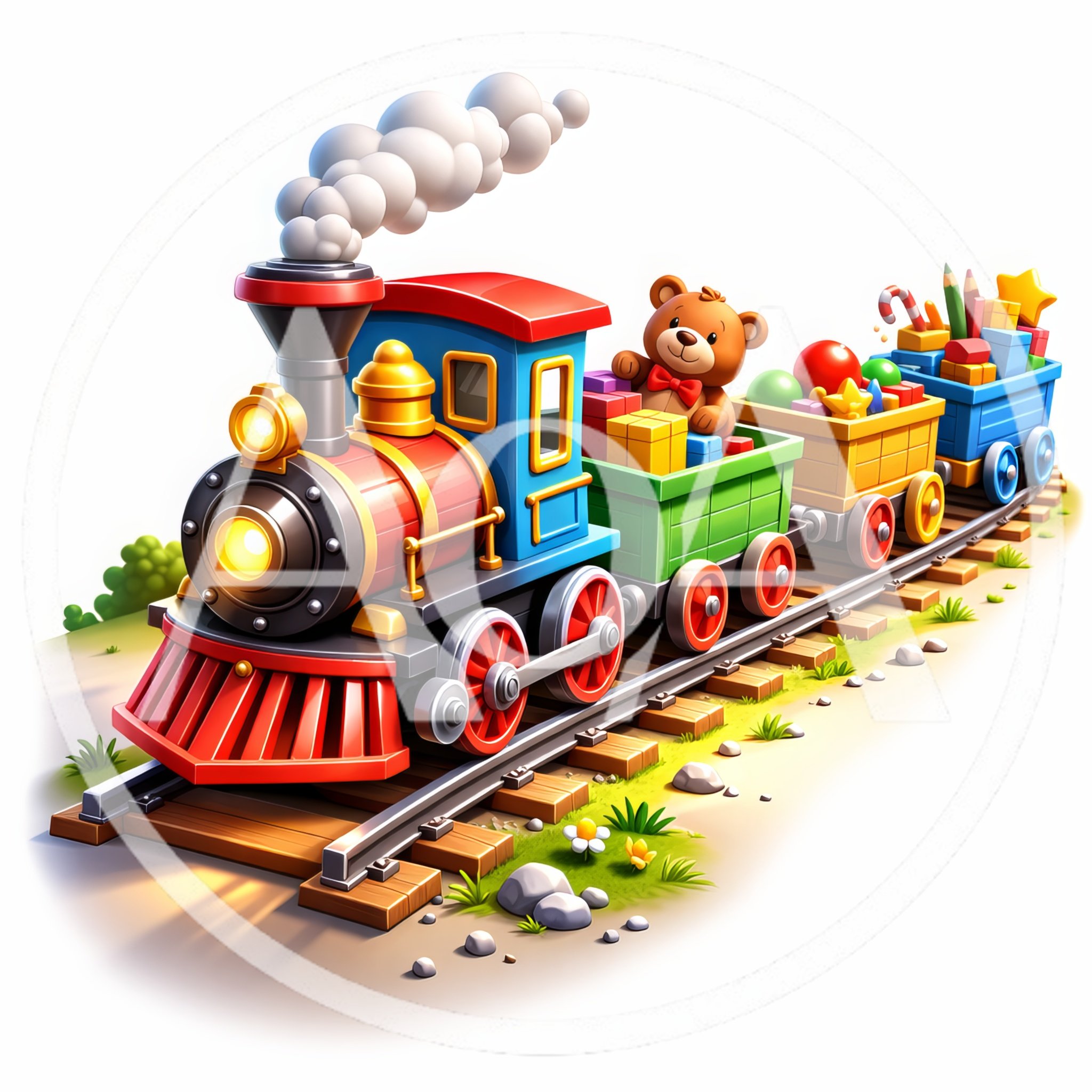 Cartoon Toy Train Carrying Gifts and Teddy Bear