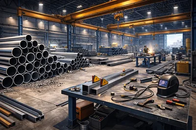Industrial Metal Fabrication Workshop With Welding Activity