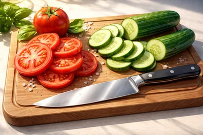 Fresh Sliced Tomatoes and Cucumbers on Wooden Cutting Board