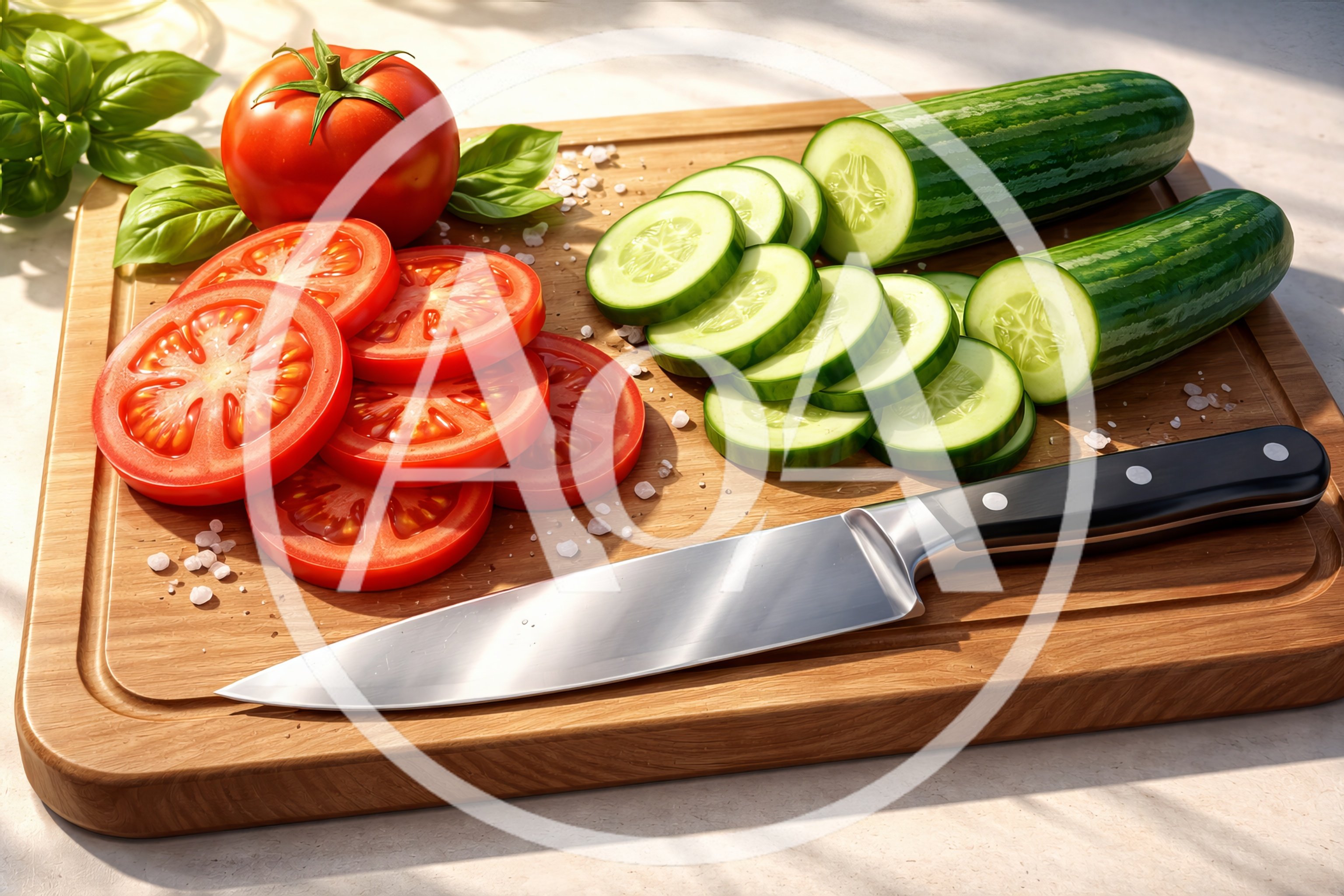 Fresh Sliced Tomatoes and Cucumbers on Wooden Cutting Board