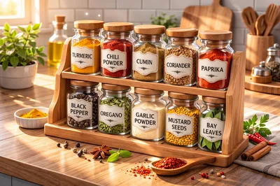 Wooden Spice Rack With Glass Jars On Kitchen Counter