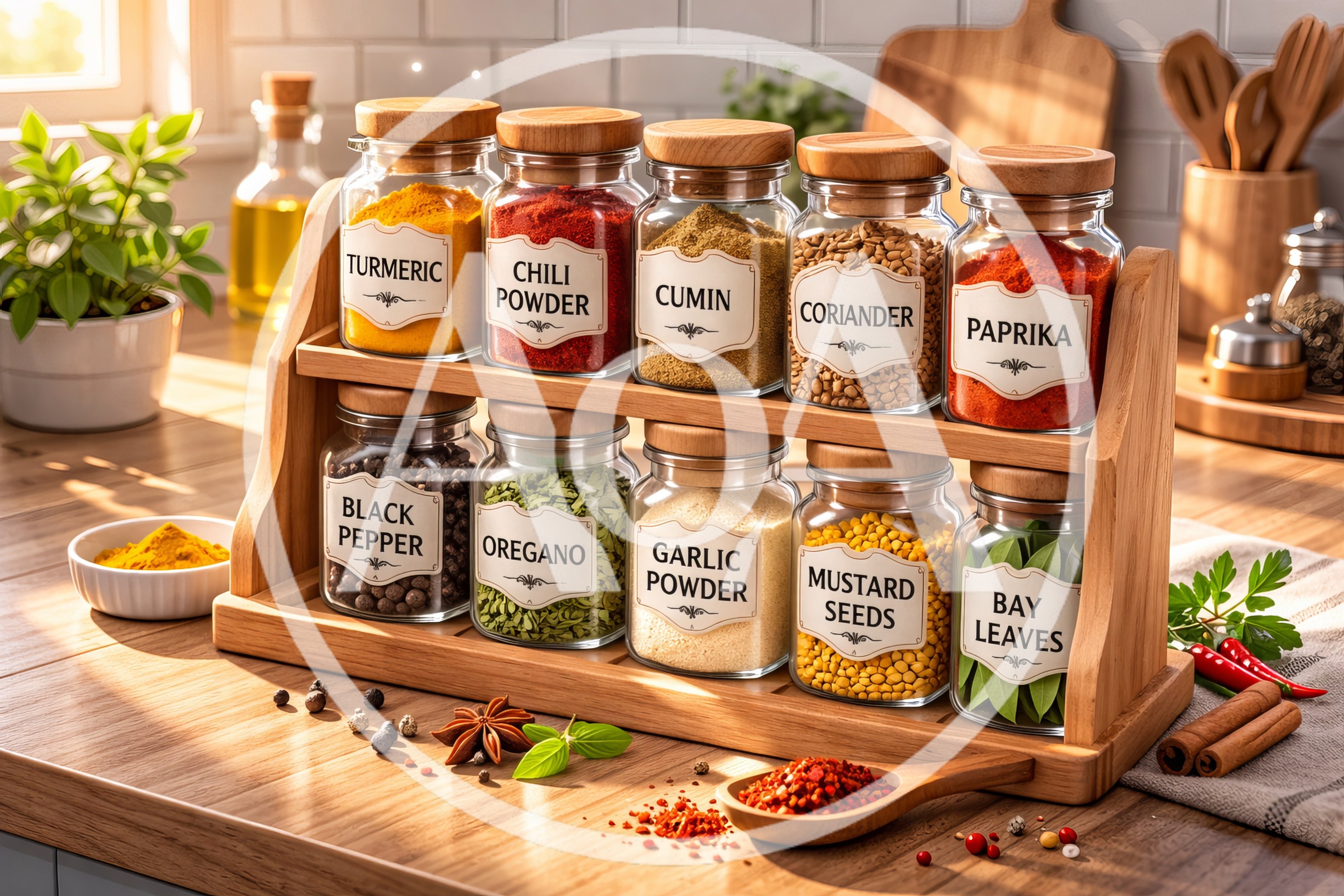 Wooden Spice Rack With Glass Jars On Kitchen Counter