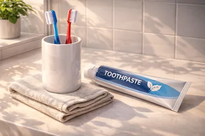 Toothbrushes and Toothpaste on a Bathroom Counter