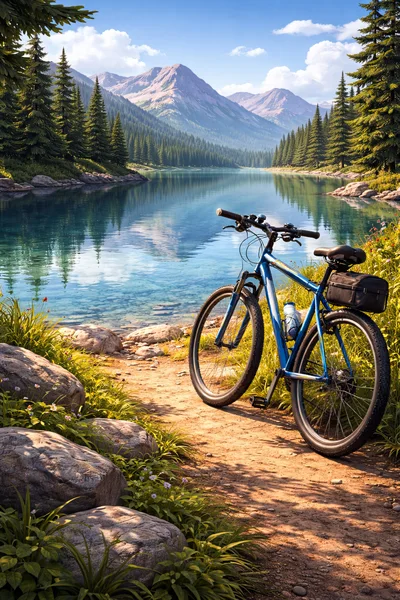 Blue Mountain Bike Parked By A Serene Alpine Lake