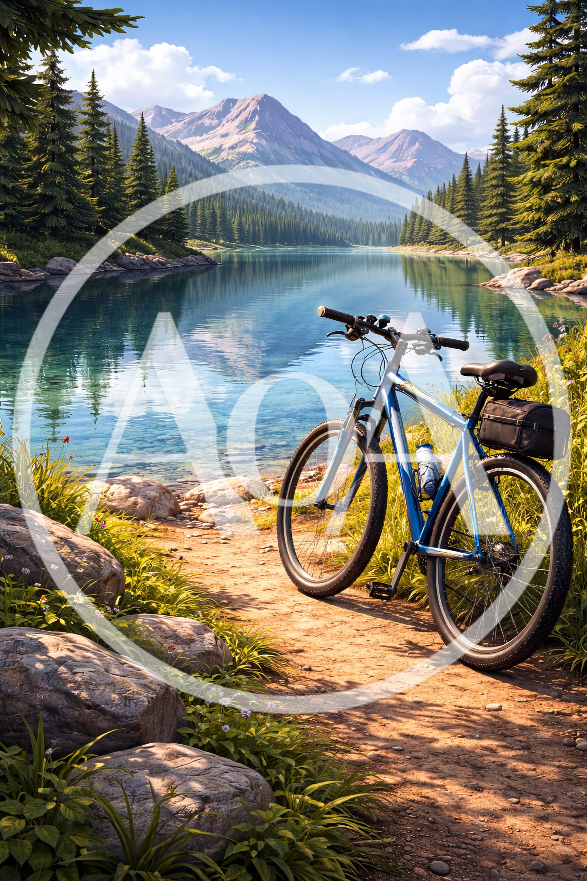 Blue Mountain Bike Parked By A Serene Alpine Lake