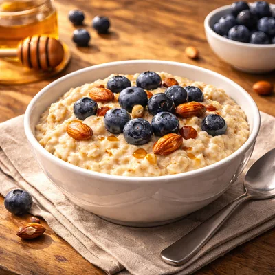 Bowl Of Oatmeal With Fresh Blueberries And Almonds