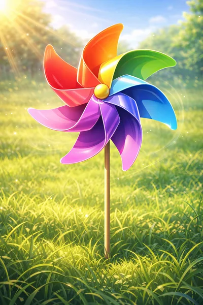 Colorful Pinwheel Spinning In A Sunny Green Meadow
