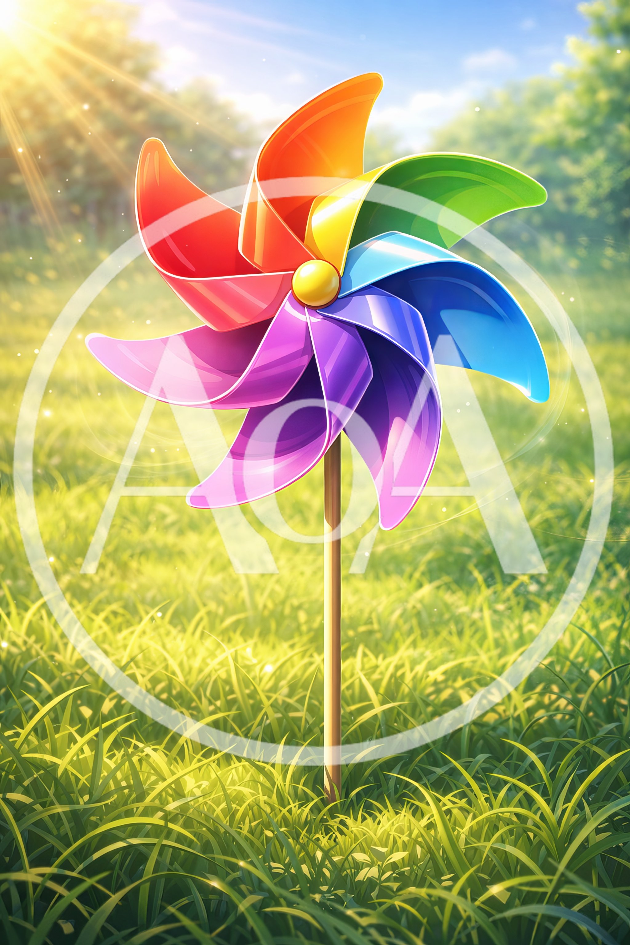Colorful Pinwheel Spinning In A Sunny Green Meadow