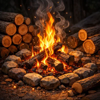 Bright Campfire Burning With Stacked Logs And Stones