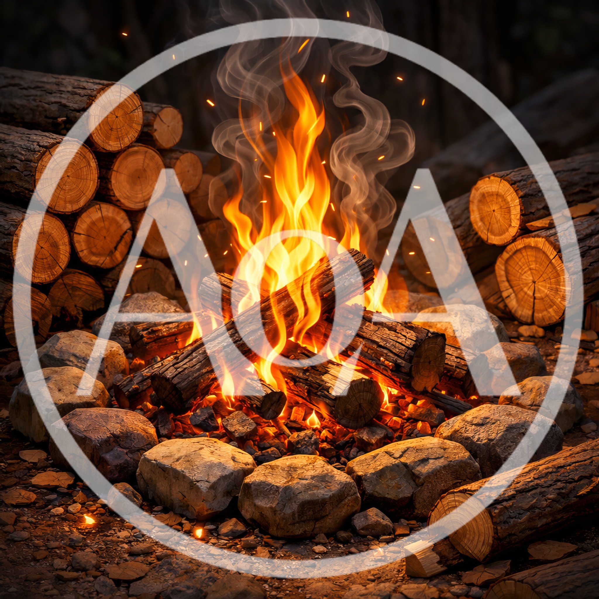 Bright Campfire Burning With Stacked Logs And Stones