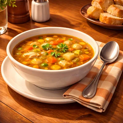 Bowl Of Hearty Chicken Vegetable Soup On Wooden Table