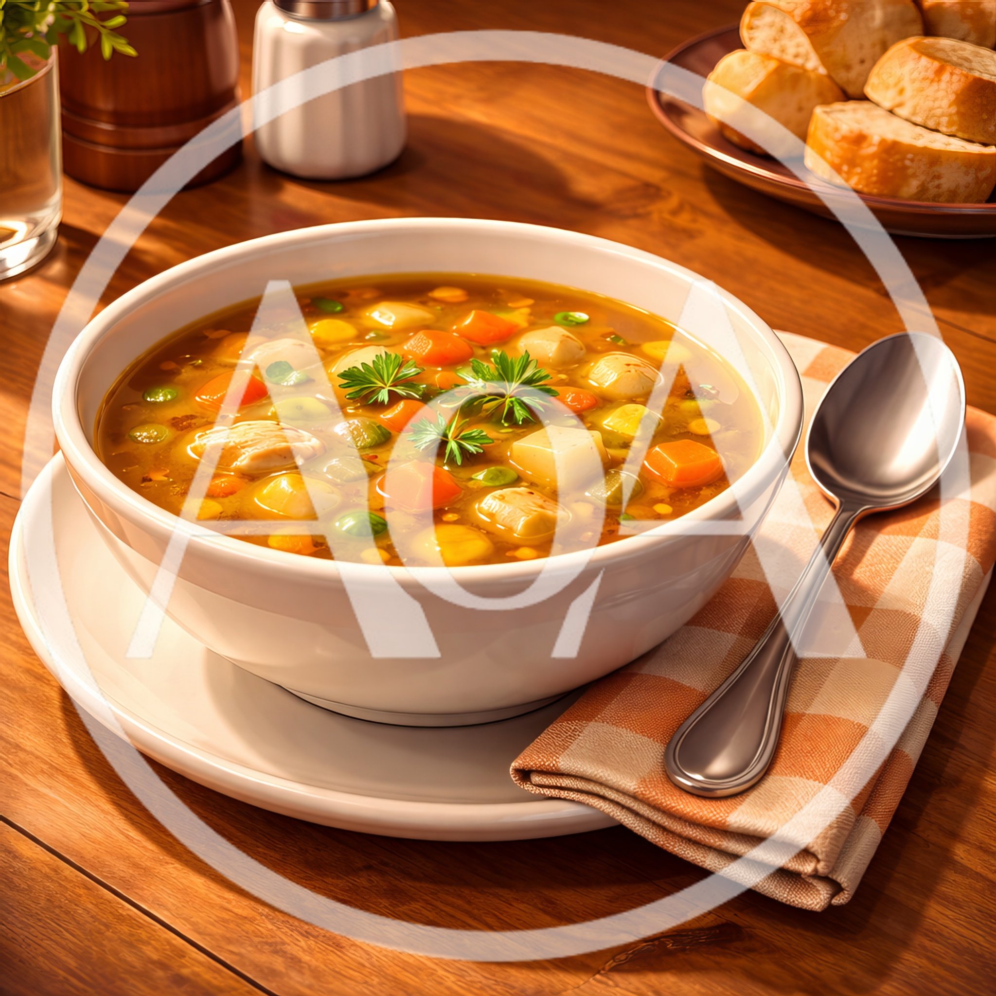 Bowl Of Hearty Chicken Vegetable Soup On Wooden Table