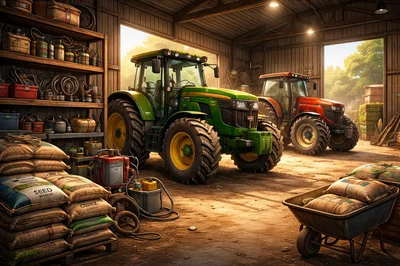 Green and Red Tractors Parked Inside Farm Shed