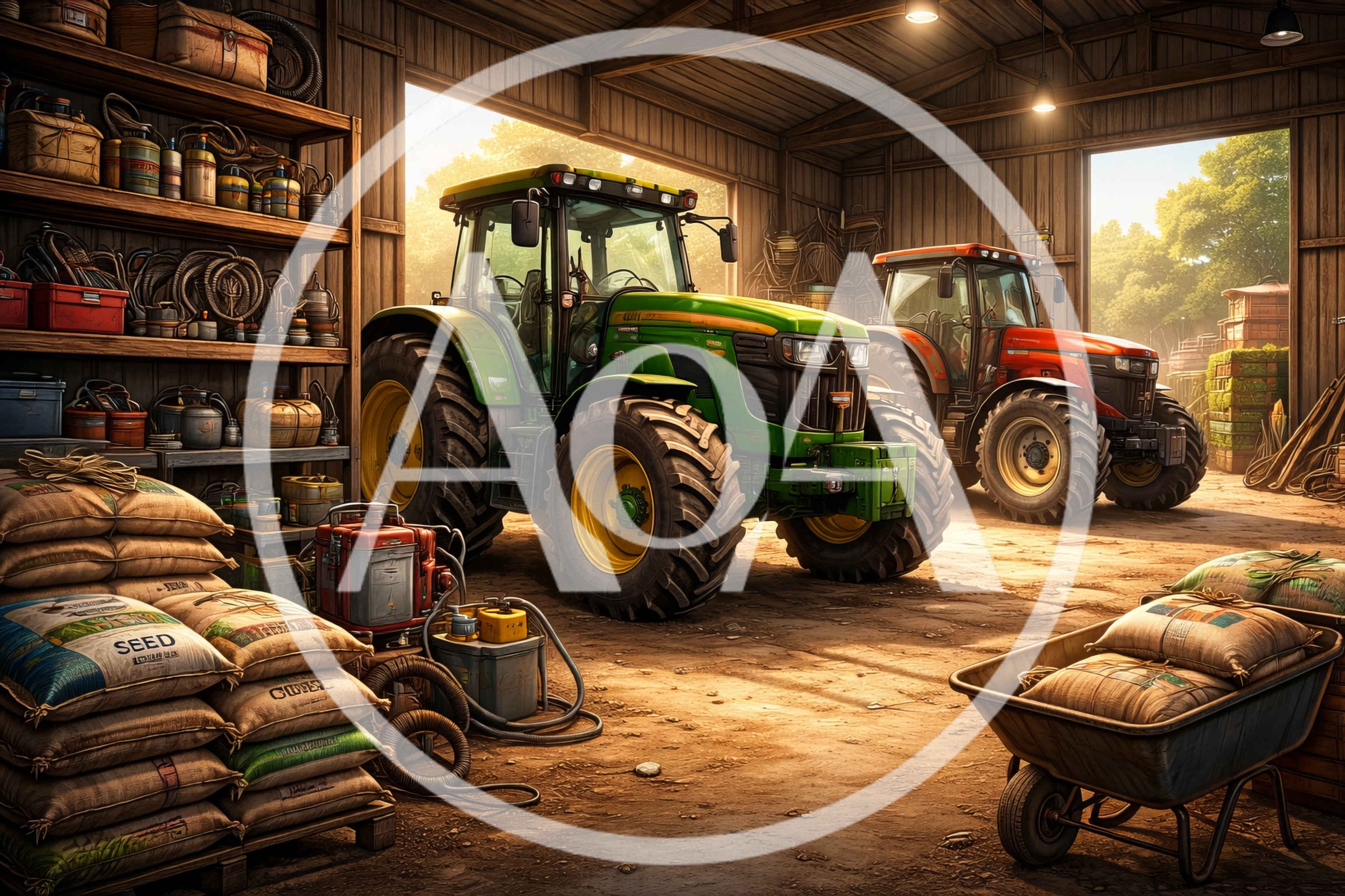 Green and Red Tractors Parked Inside Farm Shed