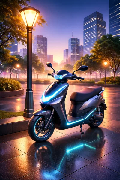 Modern Electric Scooter Parked on City Plaza at Sunset