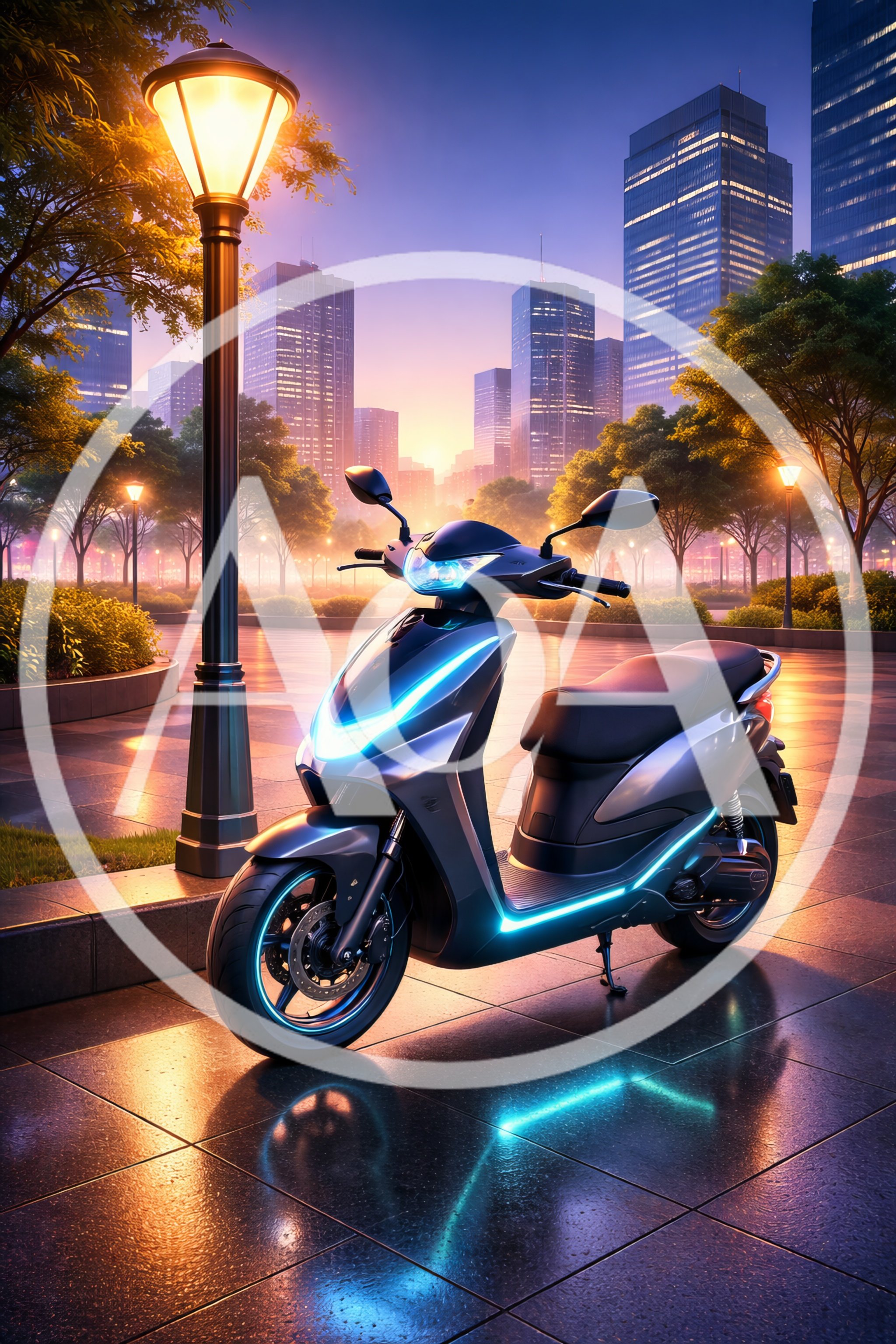 Modern Electric Scooter Parked on City Plaza at Sunset