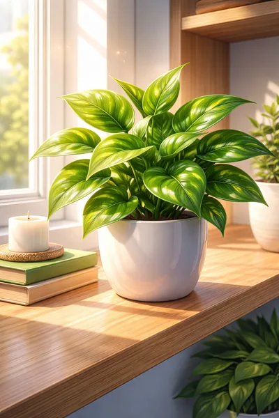 Potted Houseplant On A Sunny Wooden Window Sill
