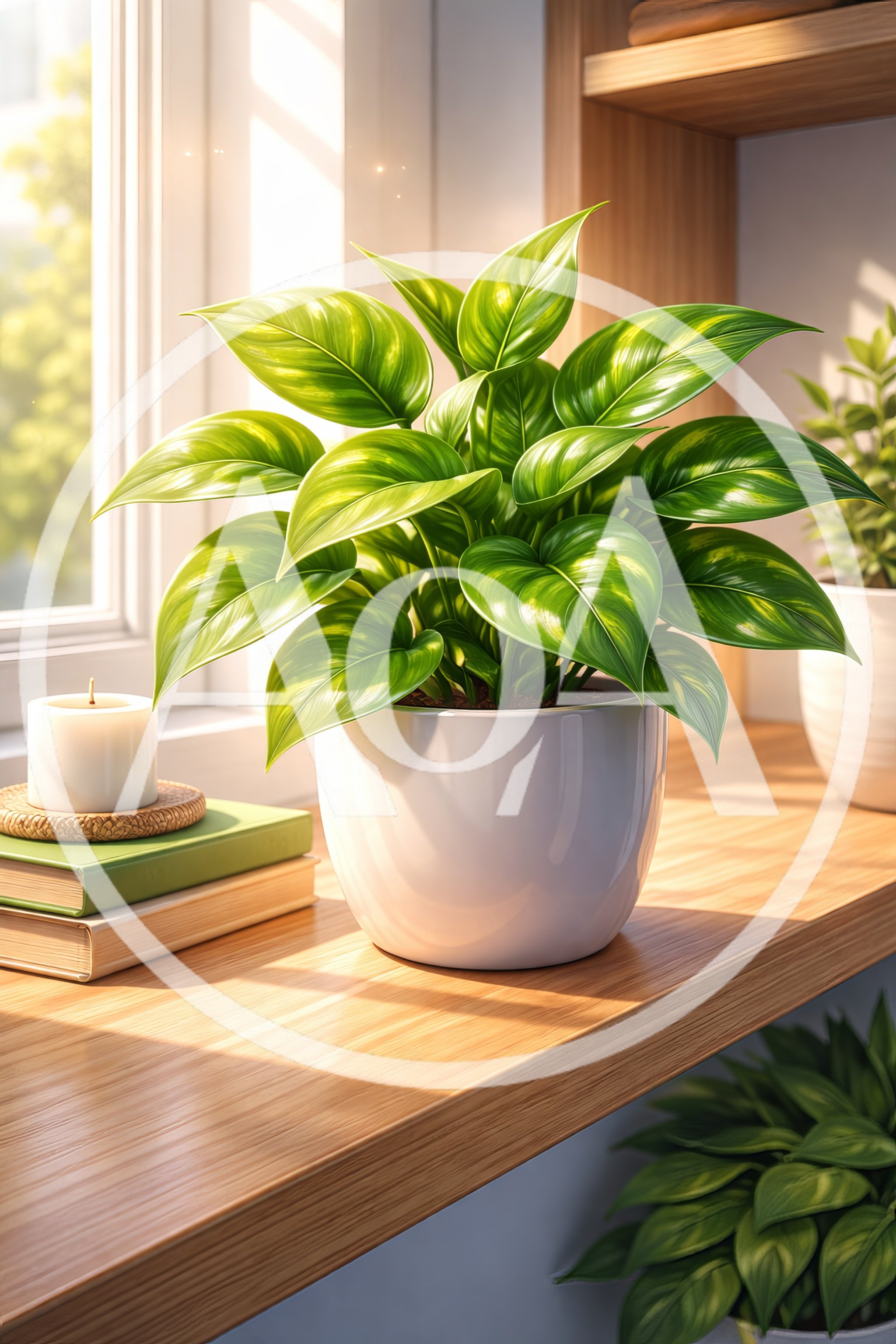 Potted Houseplant On A Sunny Wooden Window Sill