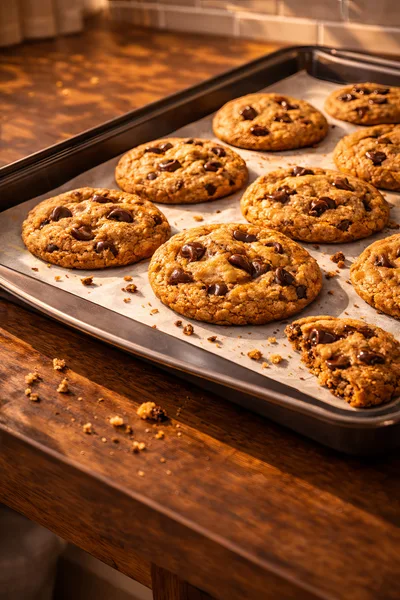 Freshly Baked Chocolate Chip Cookies On A Baking Sheet
