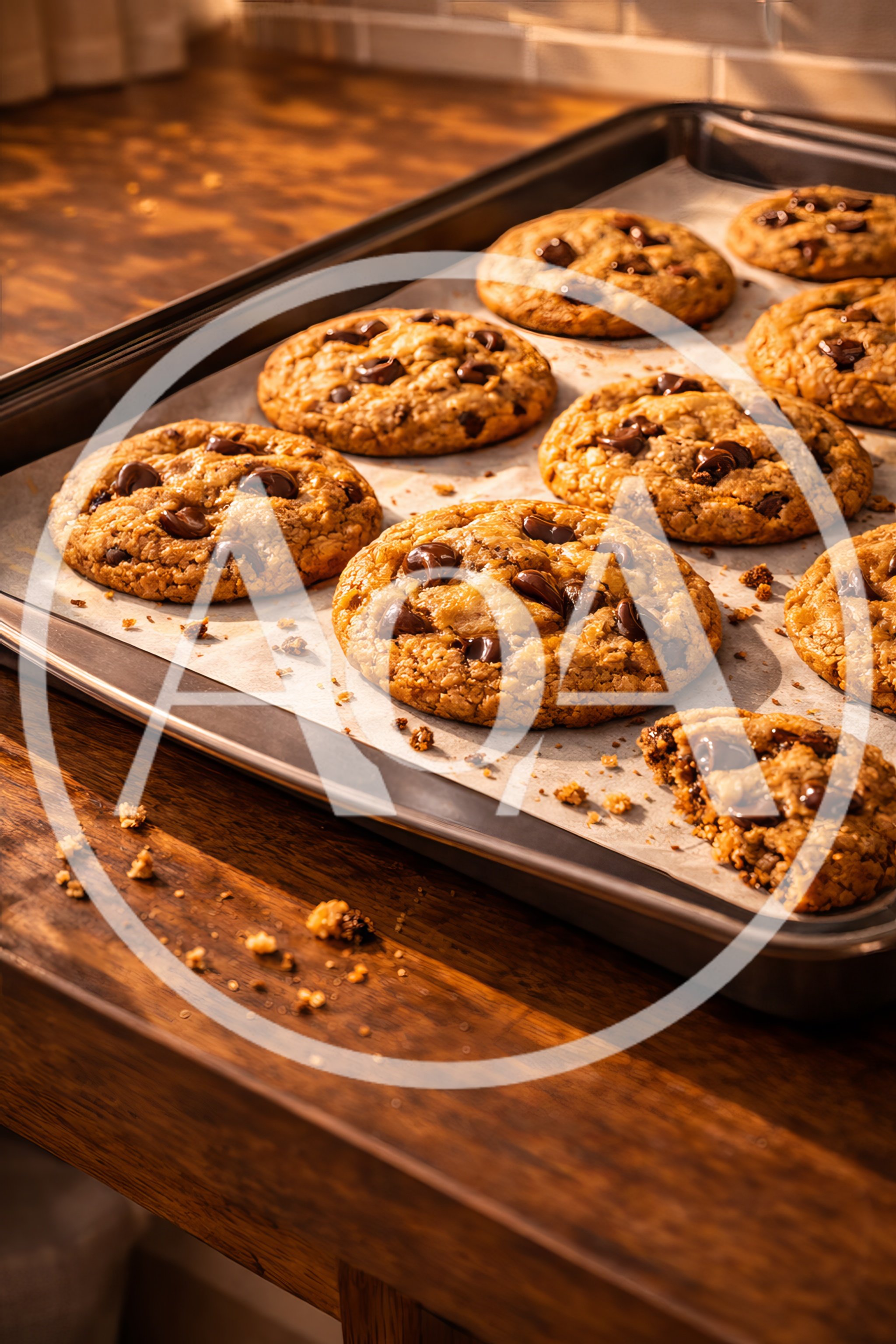 Freshly Baked Chocolate Chip Cookies On A Baking Sheet