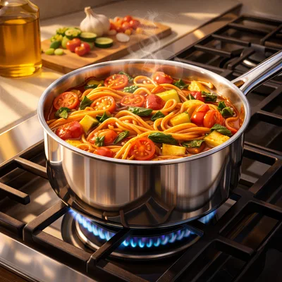 Cooking Fresh Vegetable Pasta In A Stainless Steel Pot