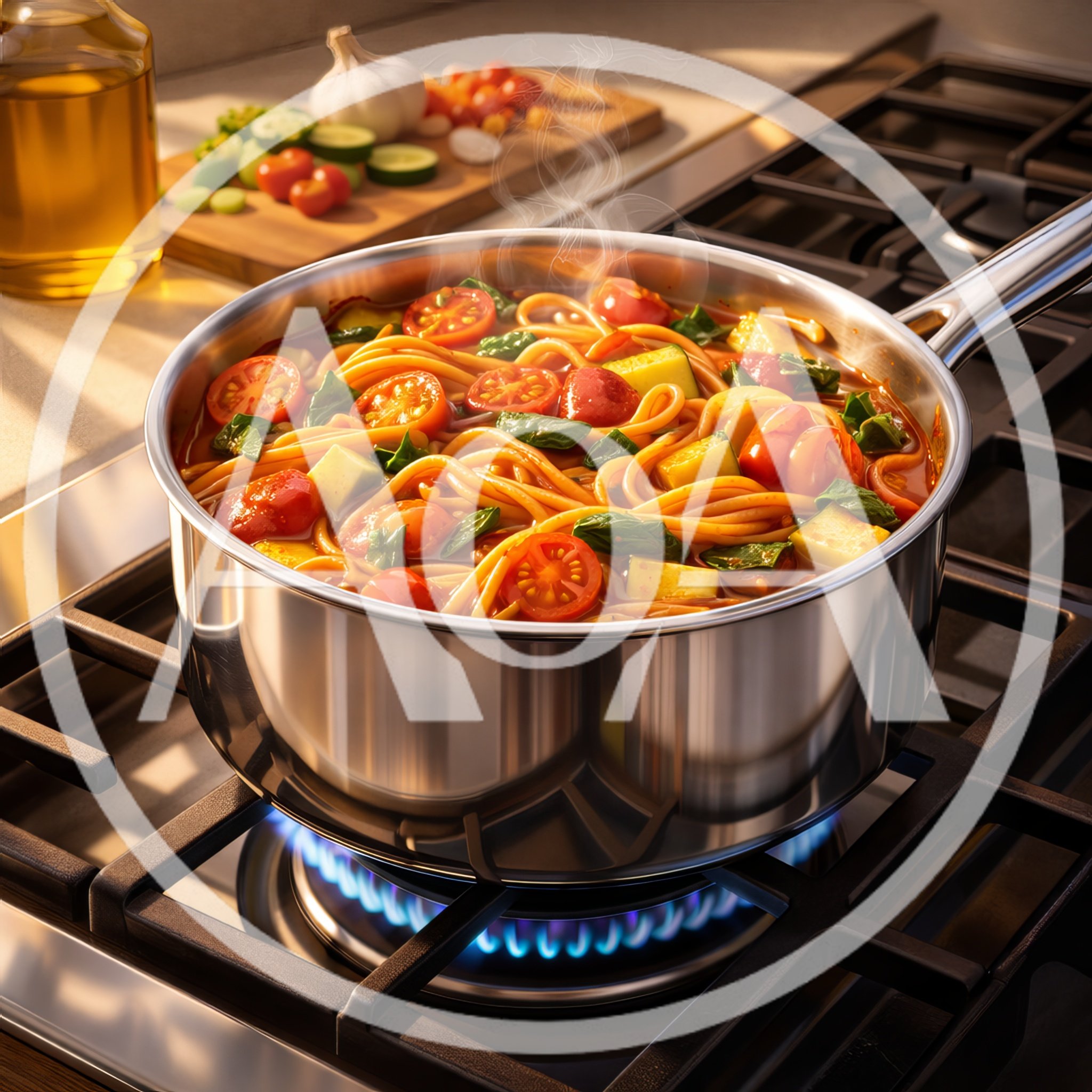 Cooking Fresh Vegetable Pasta In A Stainless Steel Pot