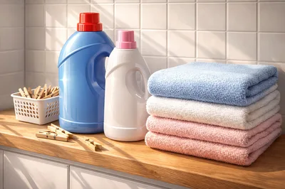 Laundry Supplies And Folded Towels On Wooden Counter