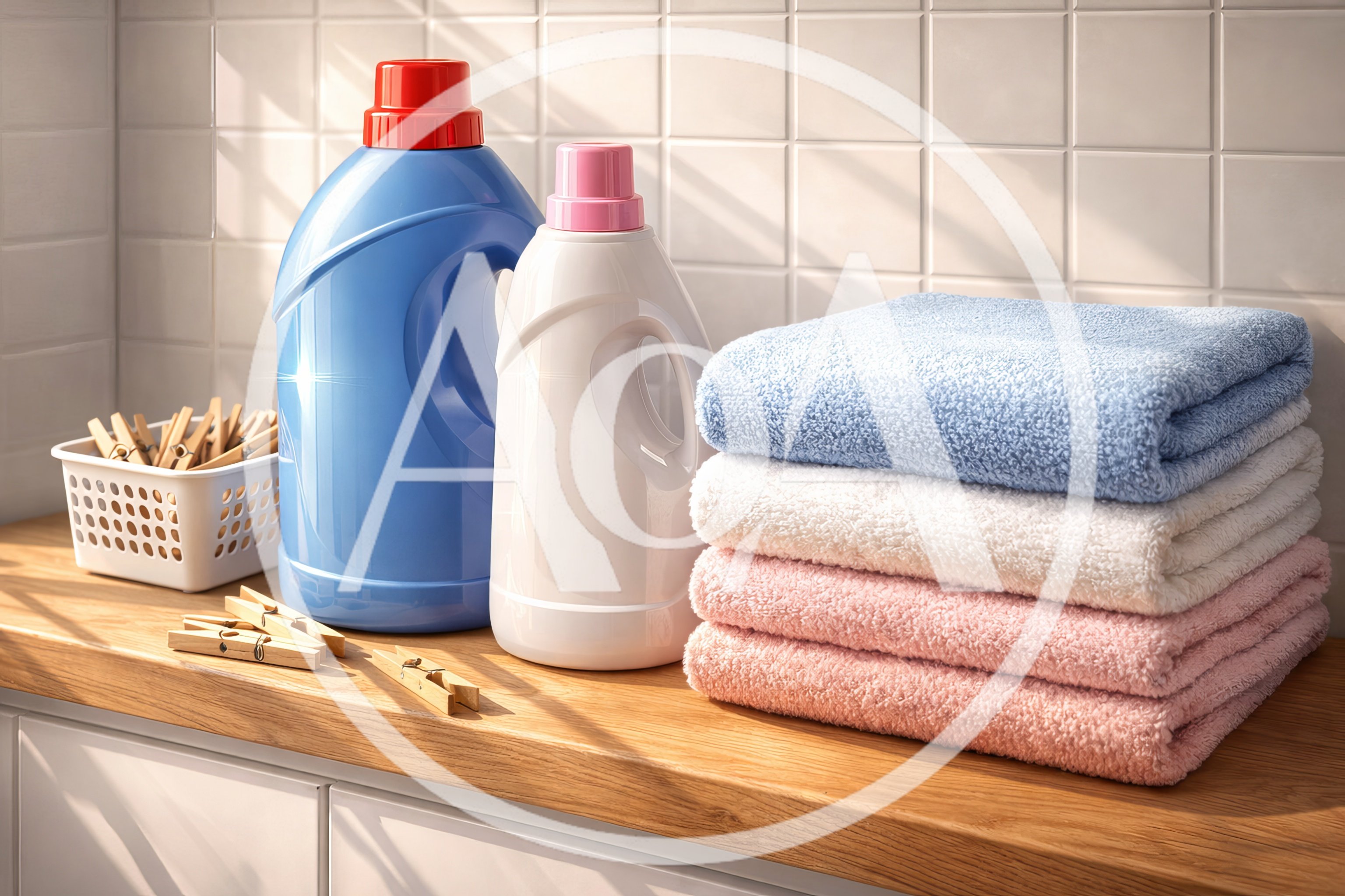 Laundry Supplies And Folded Towels On Wooden Counter
