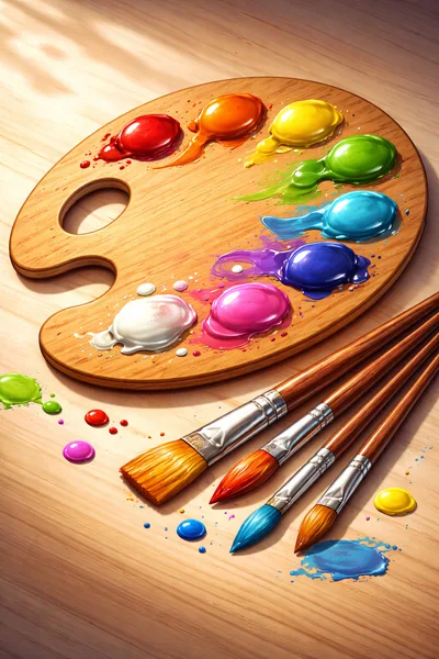 Wooden Artist Palette With Paint And Brushes