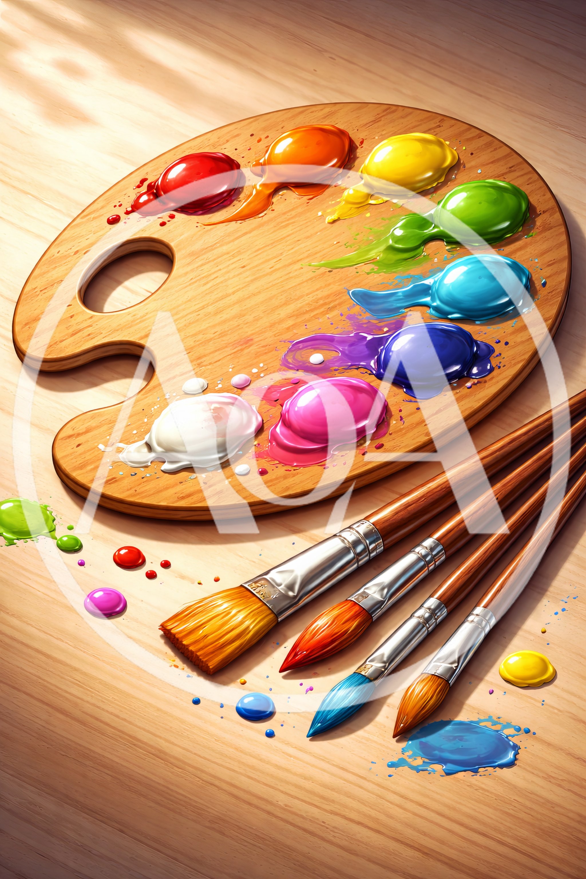 Wooden Artist Palette With Paint And Brushes