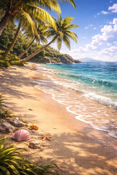 Tropical Beach Shoreline With Seashells And Palm Trees