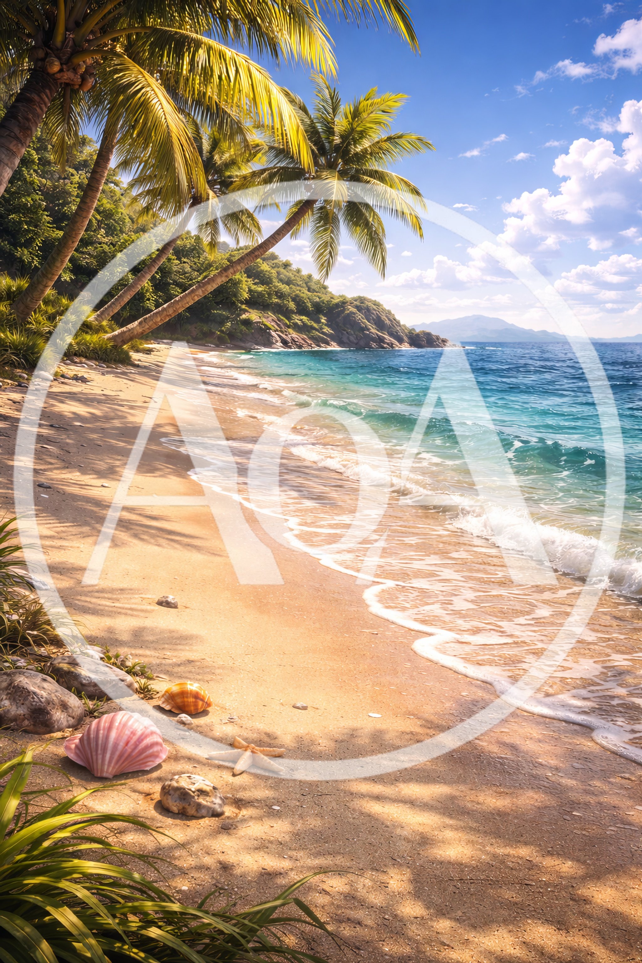 Tropical Beach Shoreline With Seashells And Palm Trees