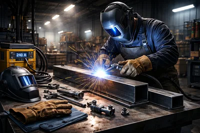 Professional Welder Working On Metal Beam In Workshop