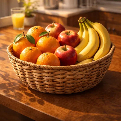 Wicker Basket Filled With Fresh Fruit On Wooden Table