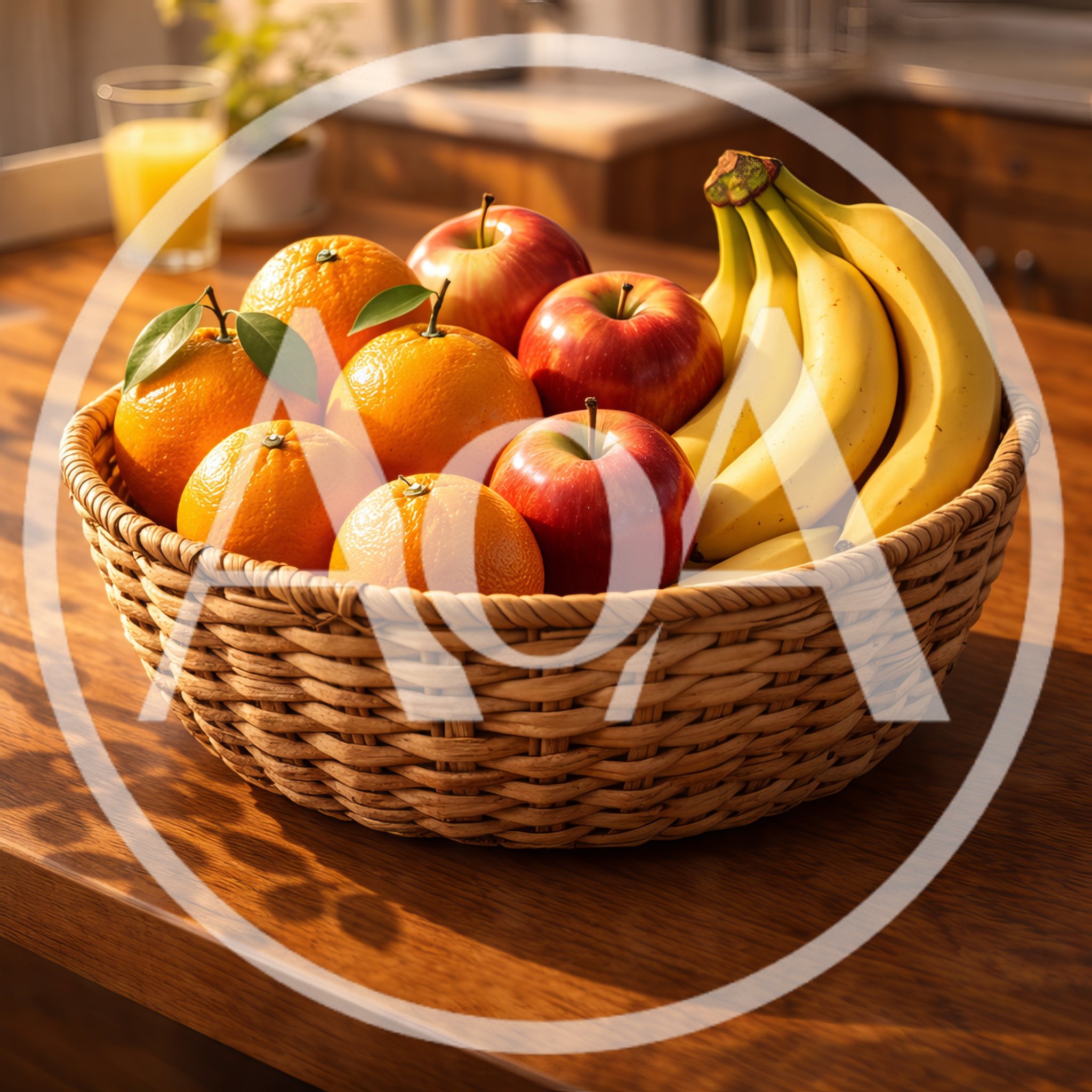 Wicker Basket Filled With Fresh Fruit On Wooden Table