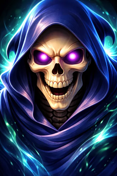 Sinister Skeletal Sorcerer With Glowing Purple Eyes