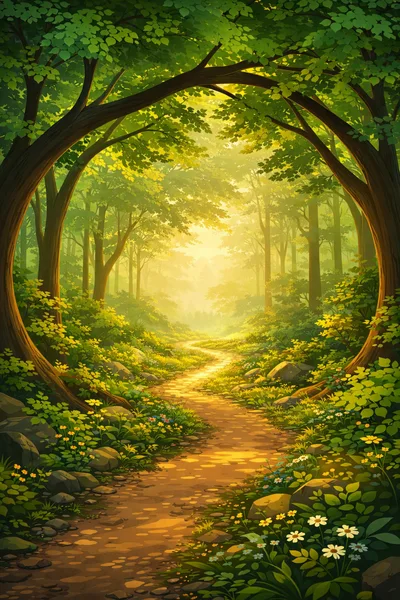 Enchanted Forest Path With Golden Sunlight