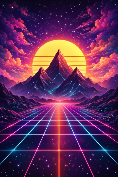 Synthwave Mountain Landscape With Glowing Grid Road