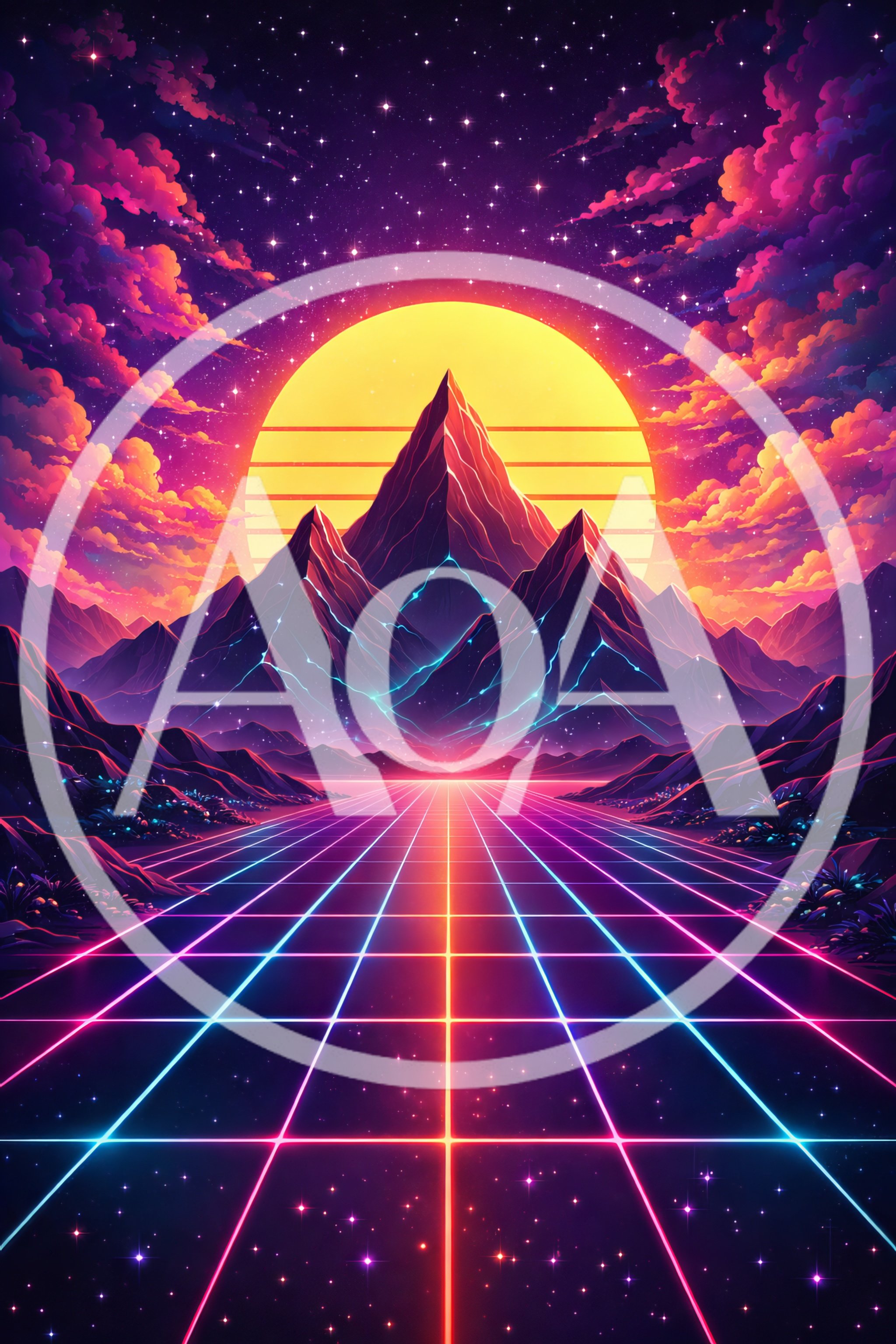 Synthwave Mountain Landscape With Glowing Grid Road