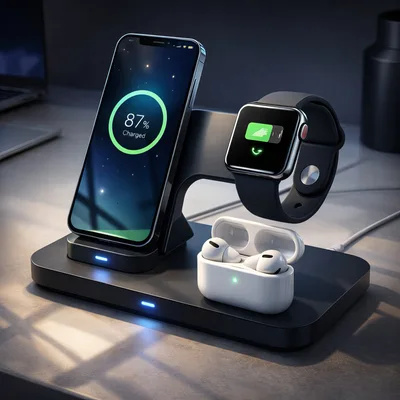 Three In One Wireless Charging Station With Devices