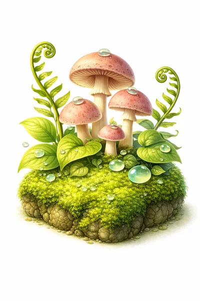 Small Forest Island With Mushrooms And Ferns